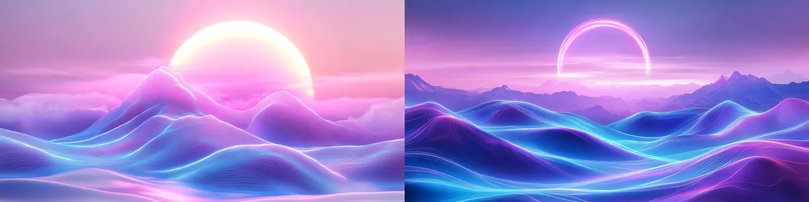 紫色科技复古霓虹网格自然山脉夕阳美景融合海报背景midjourney关键词咒语