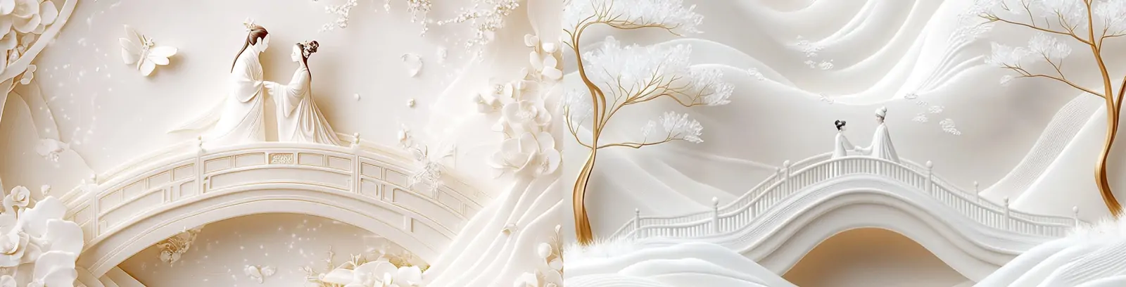 中国风七夕情人节牛郎织女鹊桥相会场景浮雕效果海报midjourney关键词咒语