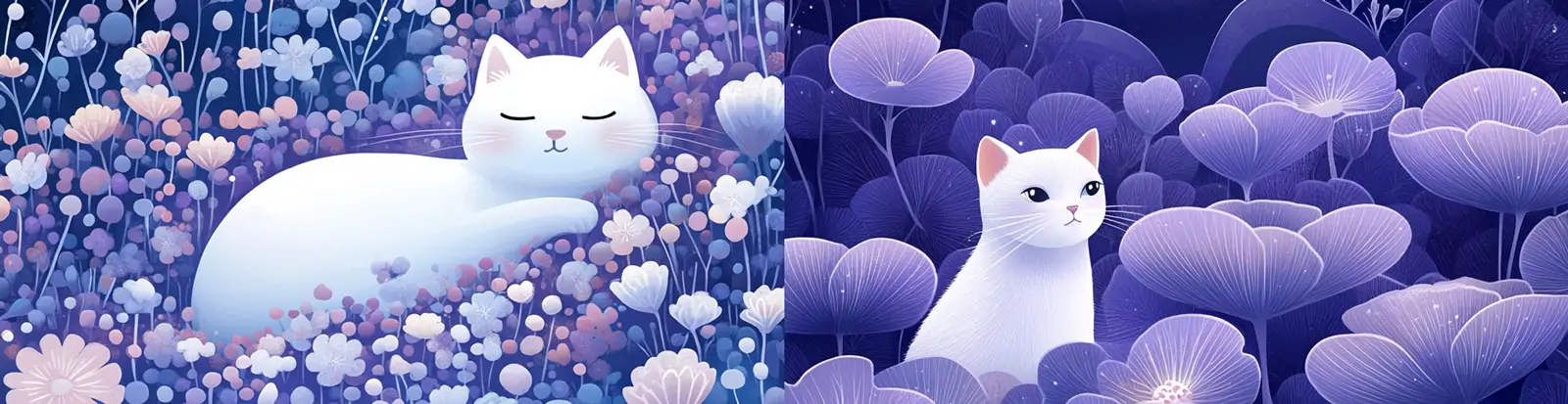 紫色花朵海洋可爱猫咪星空场景平面插图海报midjourney关键词咒语