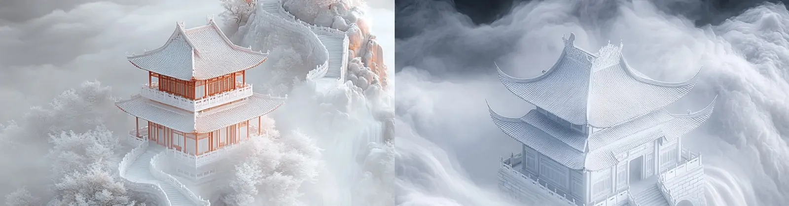 中国风阁楼建筑流动白色薄雾瀑布场景艺术摄影海报midjourney关键词咒语