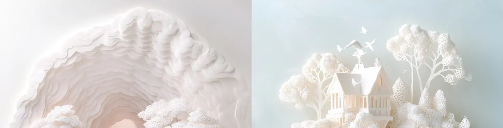 白色梦幻3D立体剪纸艺术树木房屋建筑儿童童话书插图海报midjourney关键词咒语