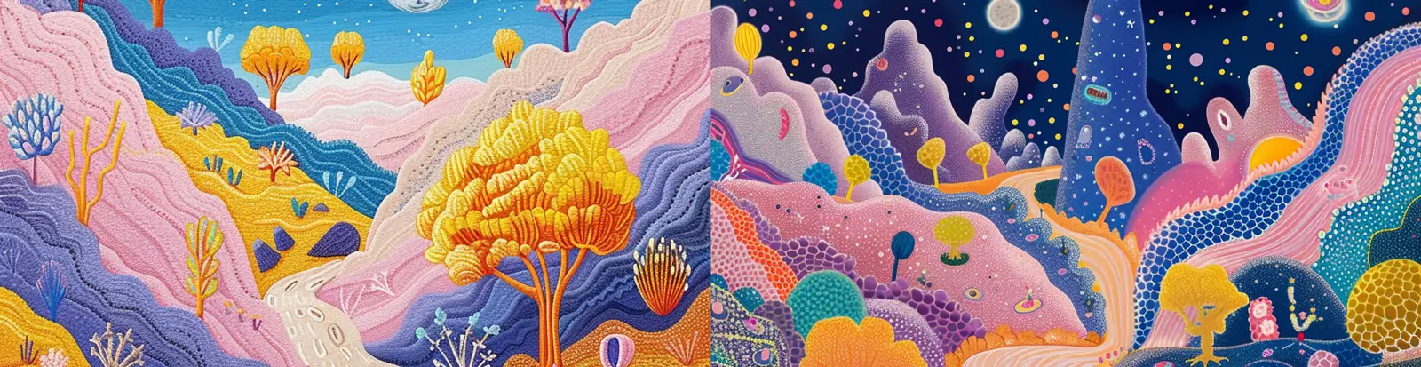 手绘彩色旅行者穿越迷宫星系后现代艺术场景插图绘画海报midjourney关键词咒语