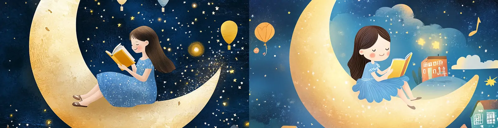 手绘可爱卡通女孩坐在月亮上读书儿童阅读日场景插图海报midjourney关键词咒语