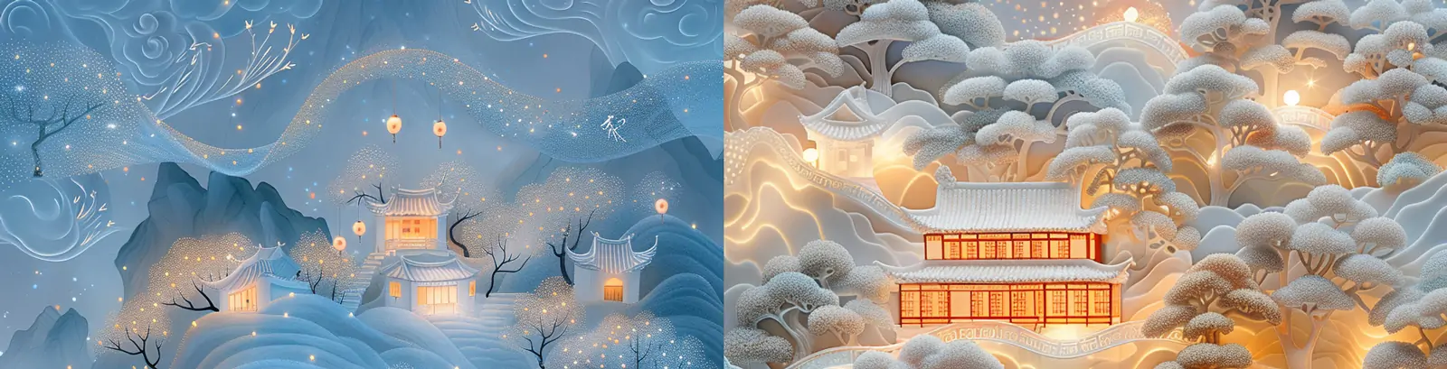 中国风3D立体华丽精致村庄建筑浮雕花纹图案场景空间midjourney关键词咒语