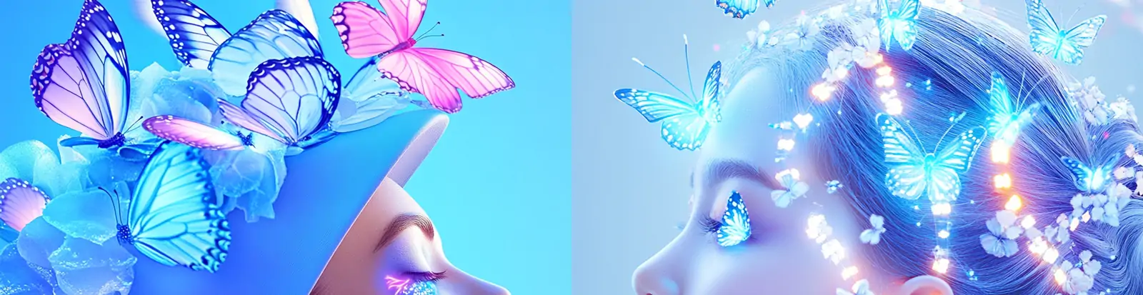 蒸汽波风格美女模特头发蓝色发光体蝴蝶艺术摄影海报midjourney关键词咒语