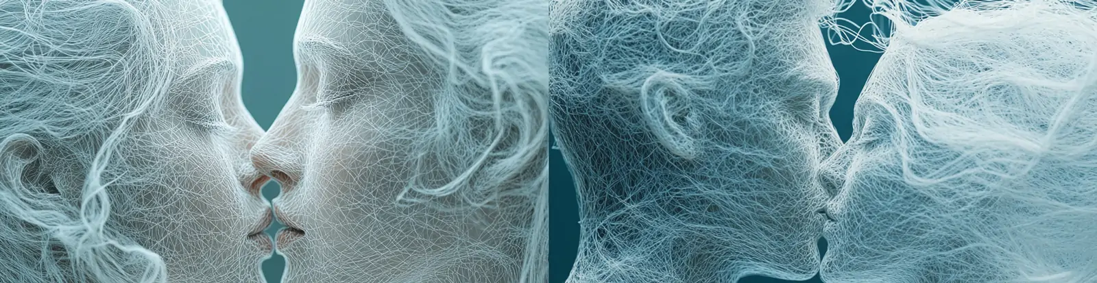 超现实主义七夕情人节情侣白色细线丝线男孩女孩接吻人物特写艺术摄影海报midjourney关键词咒语