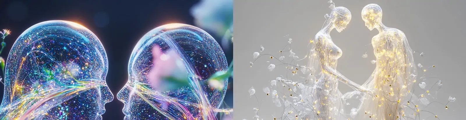 创意3D立体彩色透明水晶玻璃七夕情人节情侣人物模型抽象艺术摄影海报midjourney关键词咒语