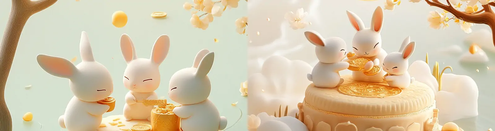 中国风传统节日中秋节月亮玉兔桂花树场景立体插图海报背景midjourney关键词咒语