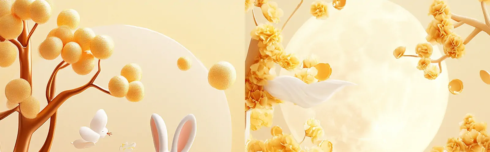 中国风传统节日中秋节月亮玉兔桂花树场景立体插图海报背景midjourney关键词咒语