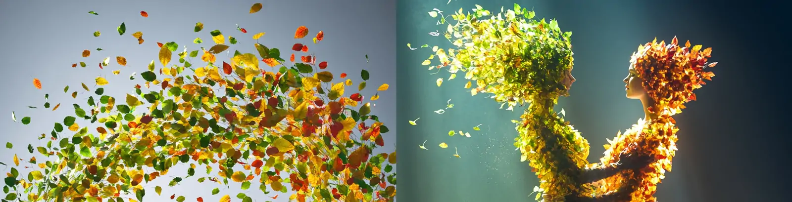 创意自然树叶碎片人物舞台跳舞双人飞舞图像艺术海报midjourney关键词咒语