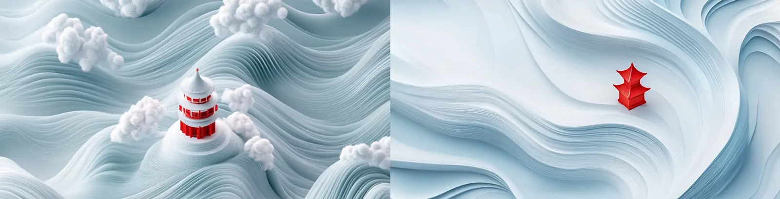 极简主义中国风古塔3D立体波浪剪纸艺术海报midjourney关键词咒语