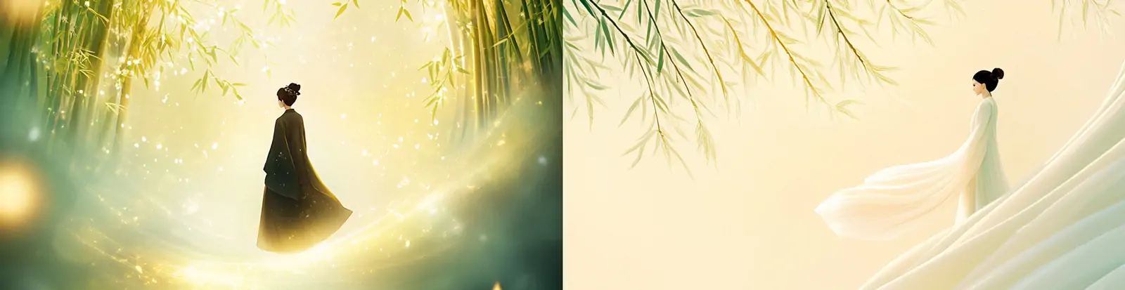 中国风古代梦幻竹林古典艺术汉服女孩背影插图绘画海报midjourney关键词咒语