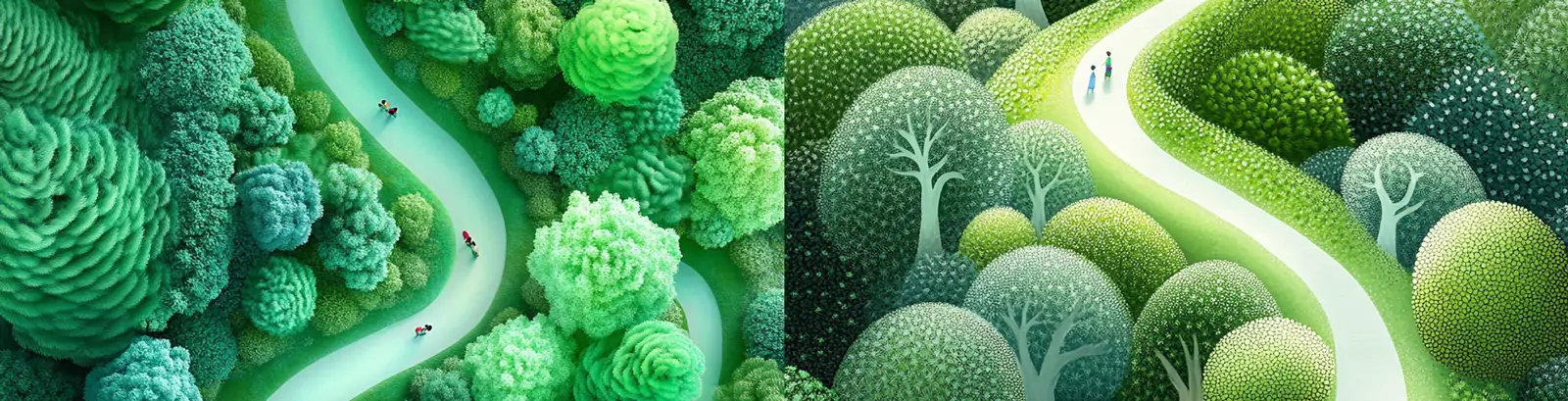 绿色蜿蜒小路茂密森林树木鸟瞰图摄影海报midjourney关键词咒语