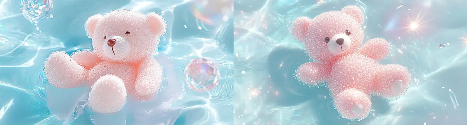 可爱透明水波粉红色泰迪熊梦幻彩虹光影俯视摄影海报midjourney关键词咒语