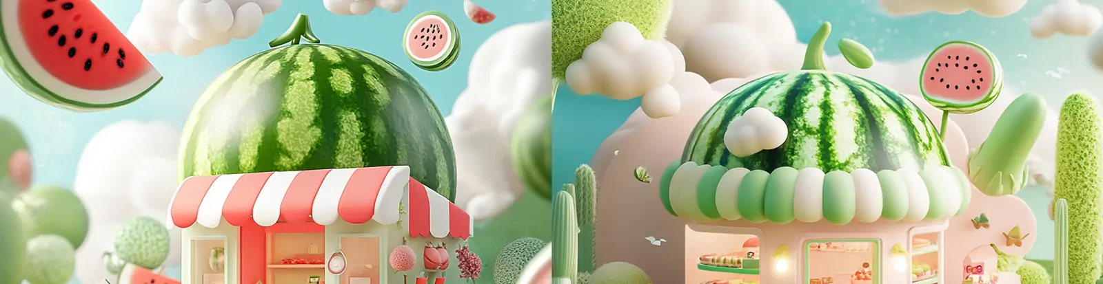 3D立体卡通可爱夏天西瓜造型便利店幻想世界场景插图海报midjourney关键词咒语
