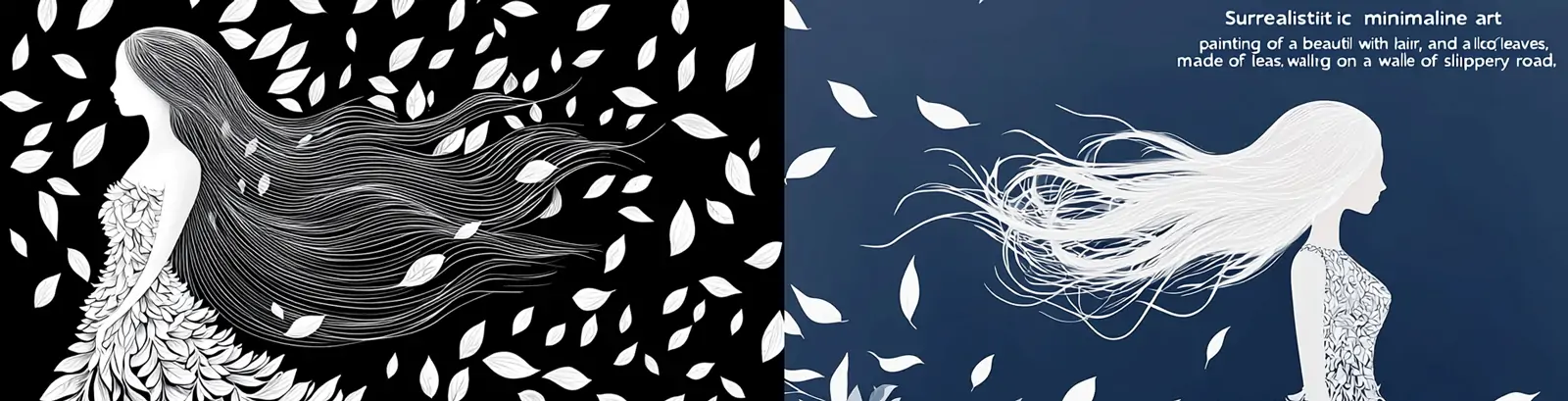 超现实主义手绘树叶长裙女孩艺术插图绘画海报midjourney关键词咒语