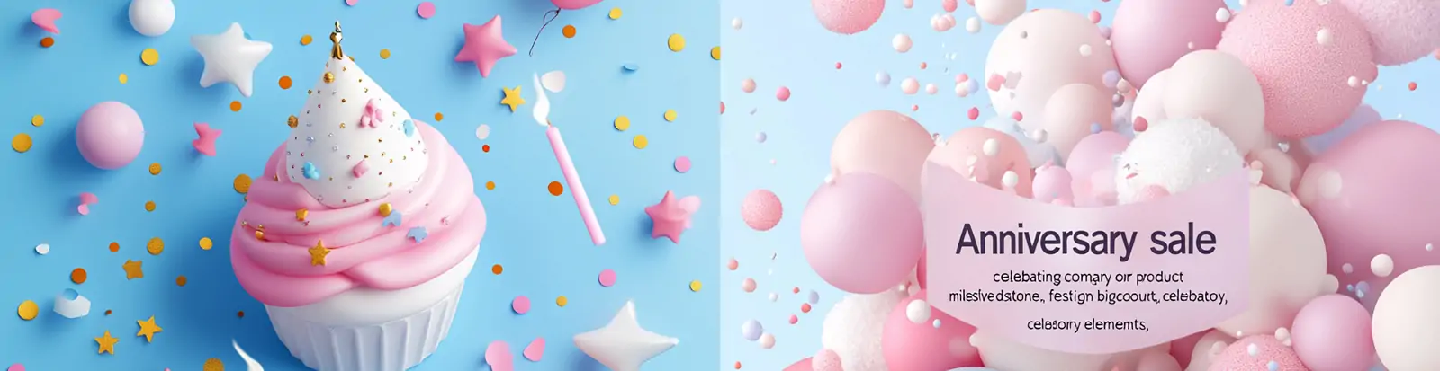 商场电商周年打折促销气球蛋糕彩带庆祝广告图海报midjourney关键词咒语