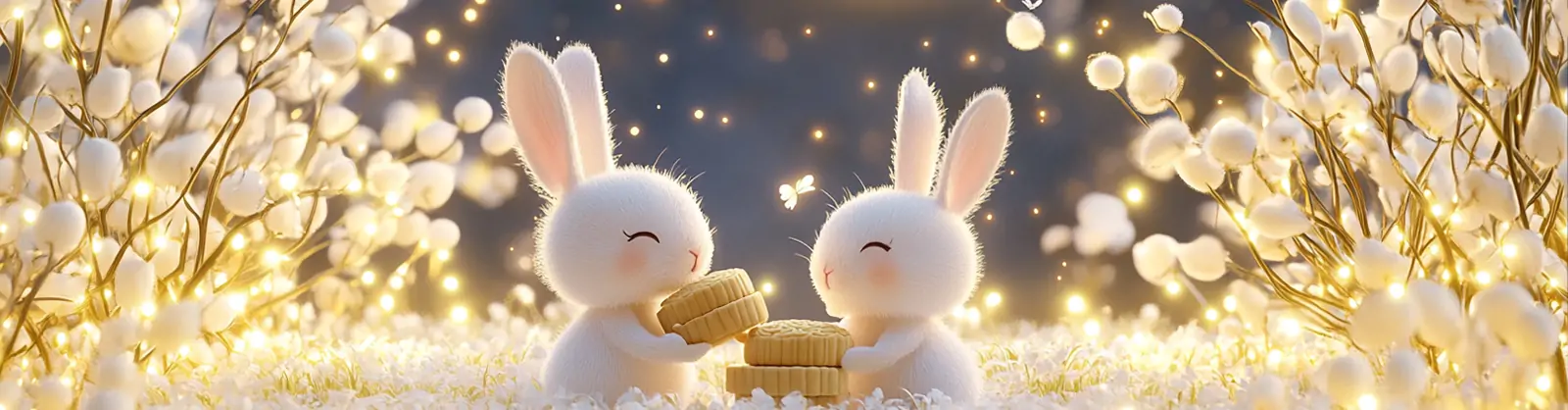 中国风传统节日中秋节3D立体玉兔月饼月亮场景插图横幅海报midjourney关键词咒语