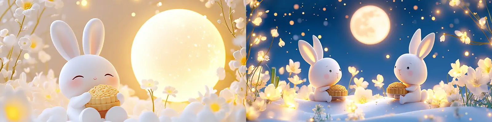 中国风传统节日中秋节3D立体玉兔月饼月亮场景插图横幅海报midjourney关键词咒语