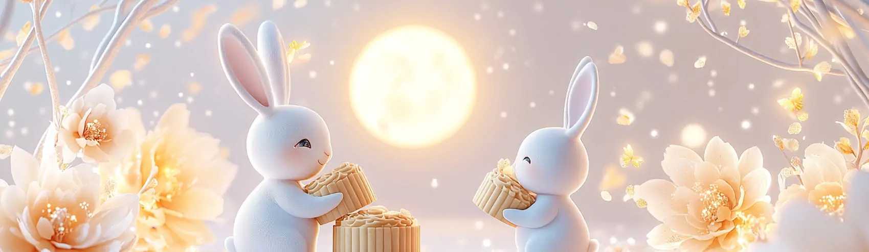 中国风传统节日中秋节3D立体玉兔月饼月亮场景插图横幅海报midjourney关键词咒语