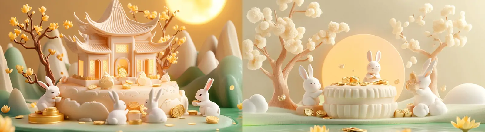 中国风传统节日中秋节3D立体玉兔月饼月亮场景插图横幅海报midjourney关键词咒语