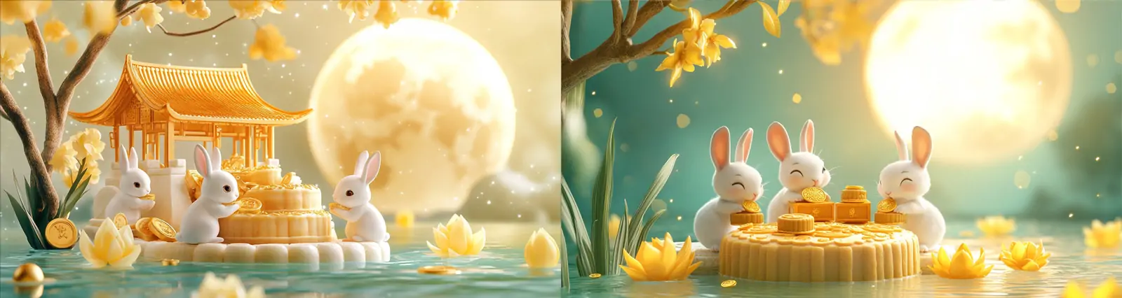 中国风传统节日中秋节3D立体玉兔月饼月亮建筑场景插图横幅海报midjourney关键词咒语