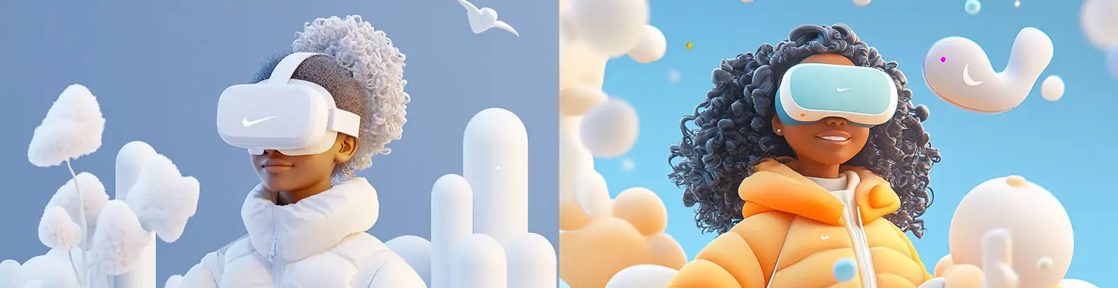 3D立体动漫卡通人物VR眼镜虚拟世界天空云朵场景插图海报midjourney关键词咒语