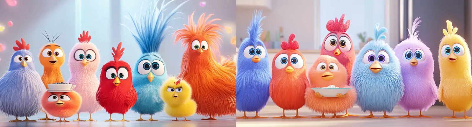 活力彩色趣味可爱卡通风格小鸡家庭电影动画插图海报midjourney关键词咒语