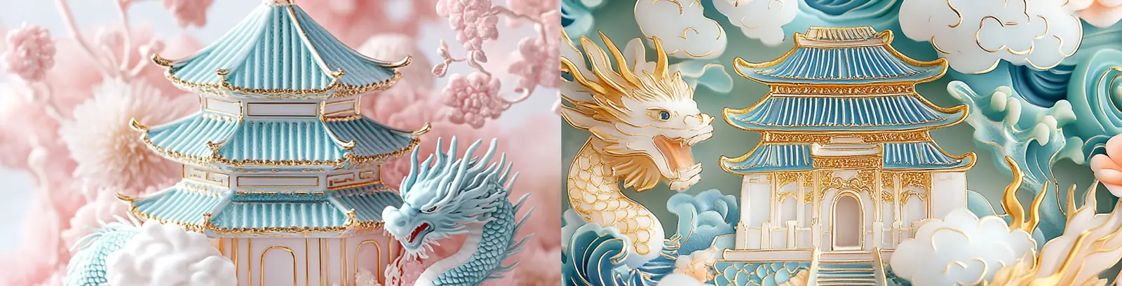 中国风传统建筑阁楼两条龙云朵环绕立体场景图案海报midjourney关键词咒语