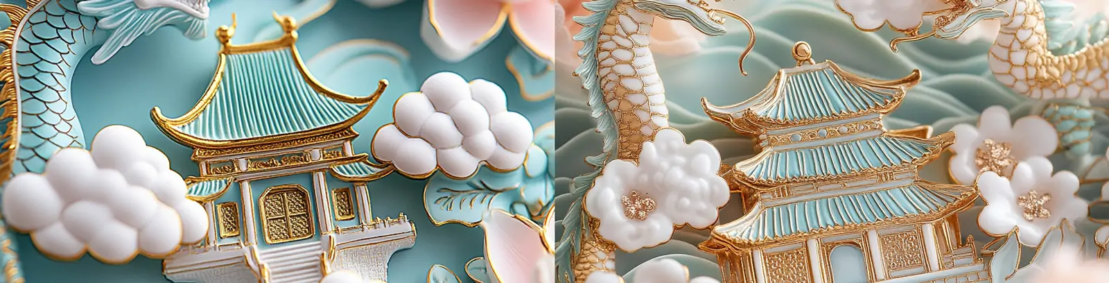 中国风传统建筑阁楼两条龙云朵环绕立体场景图案海报midjourney关键词咒语