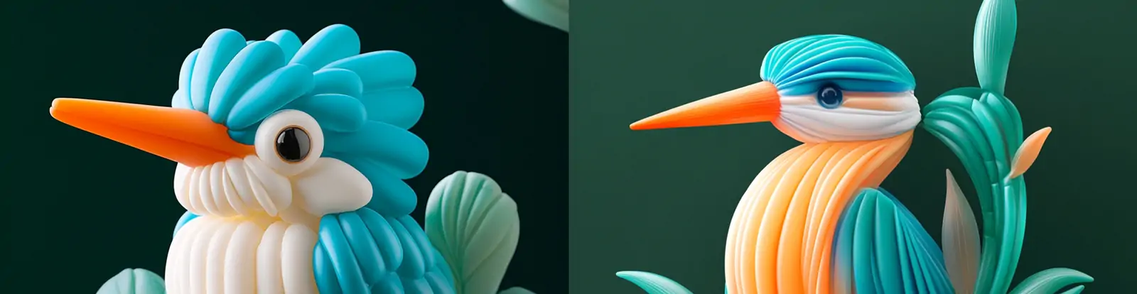 3D立体优雅蓝橙色翠鸟气球雕塑模型封面摄影海报midjourney关键词咒语