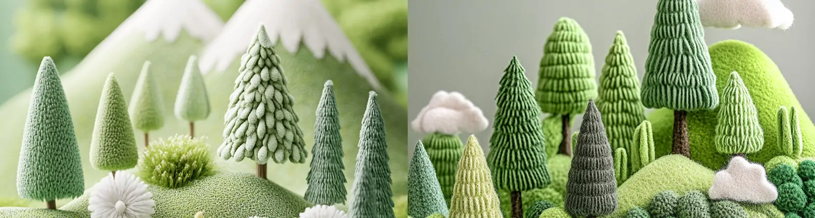 3D立体绿色手工编织鲜花树木植物毛毡场景手工艺品广告海报midjourney关键词咒语