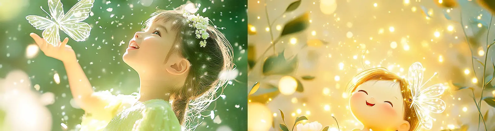 可爱阳光童趣蝴蝶花园光影女孩漫画风格艺术摄影海报midjourney关键词咒语