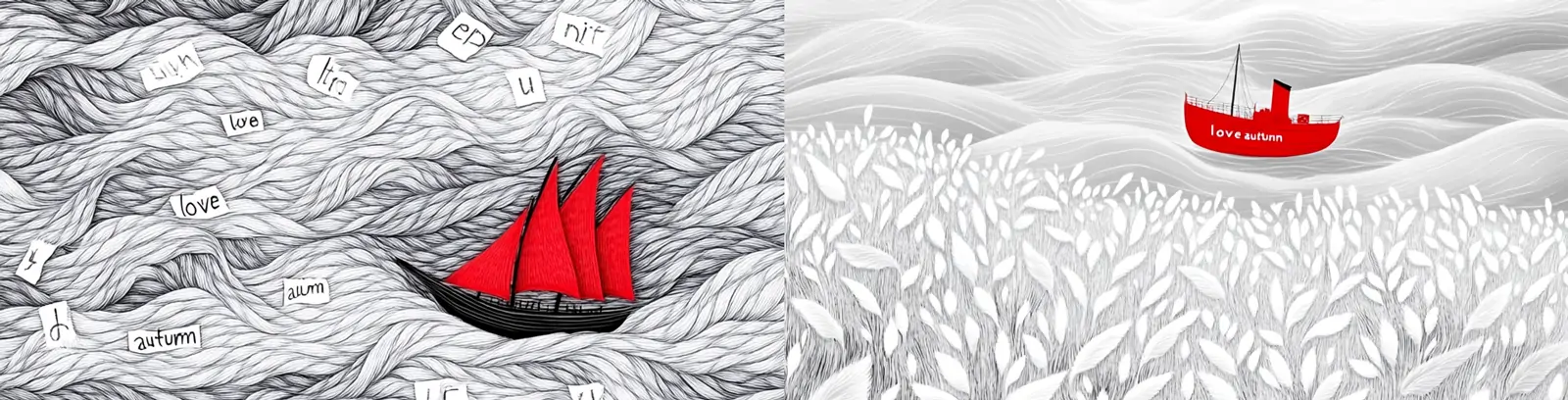 创意手绘黑白植物树叶红色小船秋天插图绘画海报midjourney关键词咒语