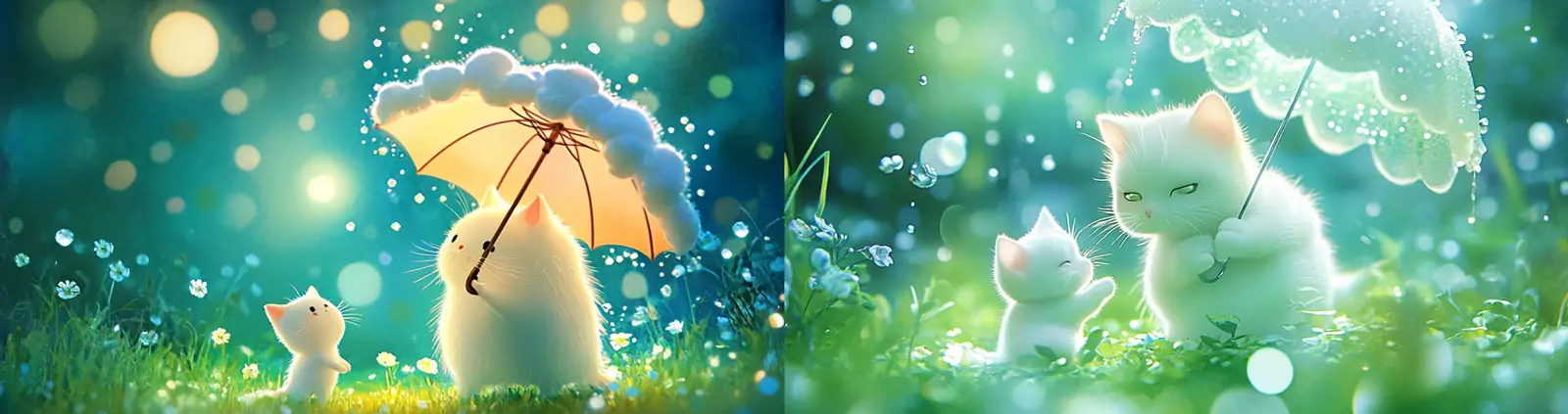 迷你可爱白色猫咪云朵雨伞草地行走梦幻场景微观世界海报midjourney关键词咒语