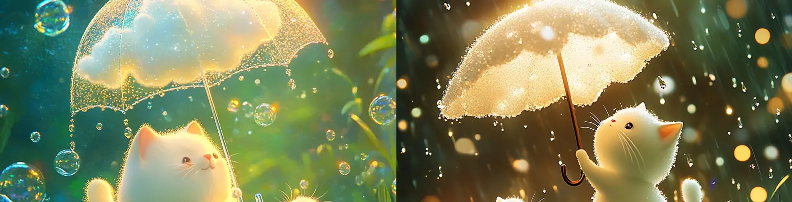 迷你可爱白色猫咪云朵雨伞草地行走梦幻光影气泡场景微观世界海报midjourney关键词咒语