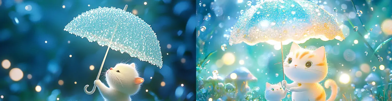 迷你可爱白色猫咪云朵雨伞草地行走梦幻光影气泡场景微观世界海报midjourney关键词咒语