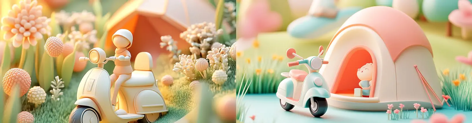 3D立体可爱卡通电动车帐篷遮阳伞露营粘土世界场景海报midjourney关键词咒语