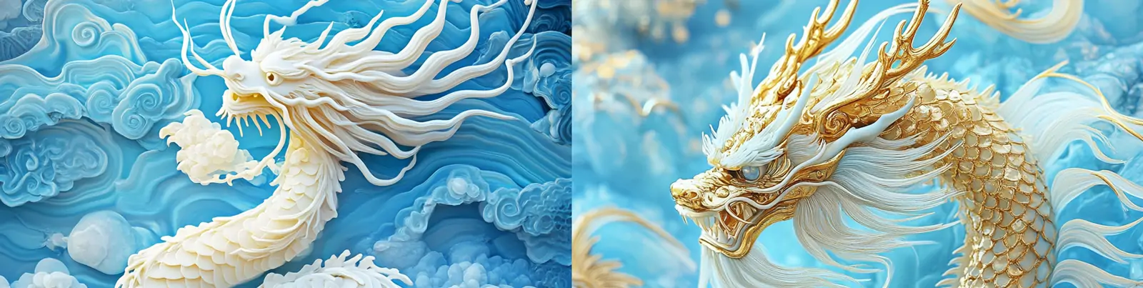 中国风3D立体蓝色祥云金色中国龙图案雕塑模型midjourney关键词咒语
