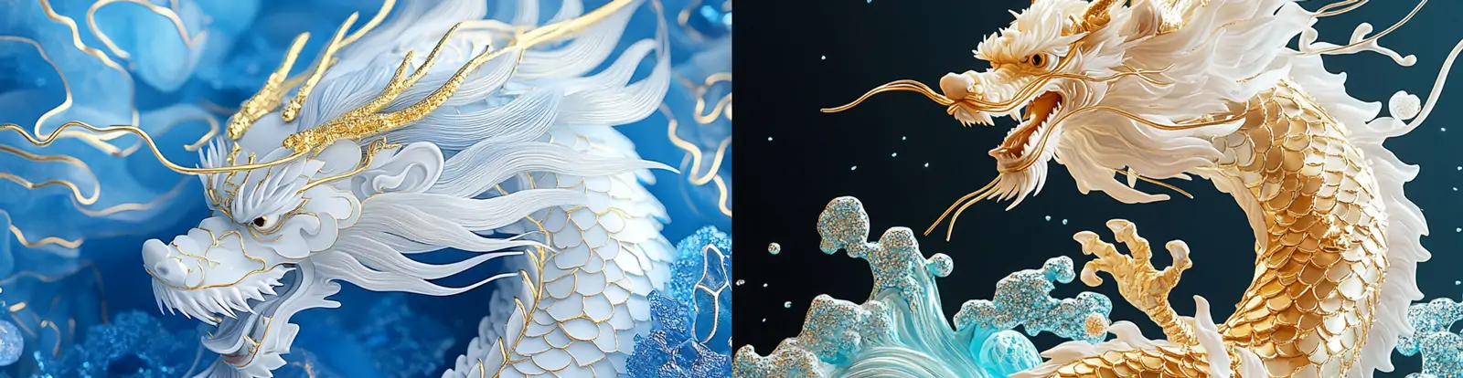 中国风3D立体蓝色祥云金色中国龙图案雕塑模型midjourney关键词咒语