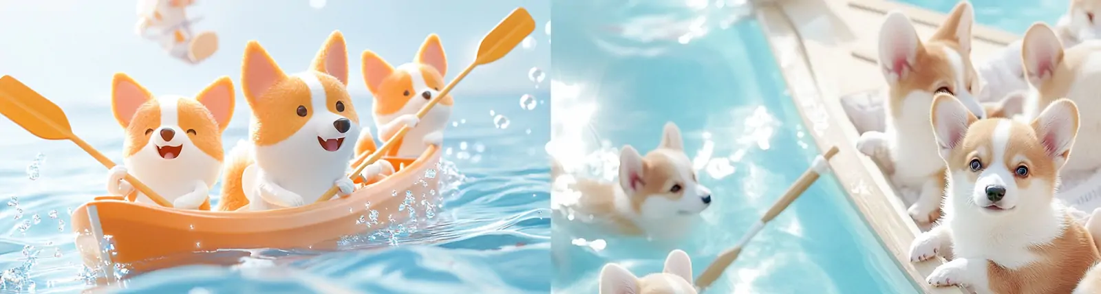 超现实主义手绘趣味可爱卡通柯基犬狗狗划船场景插图海报midjourney关键词咒语