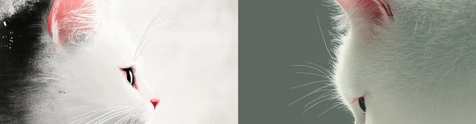 创意极简主义巨型白色猫咪微观人物对视艺术摄影海报midjourney关键词咒语