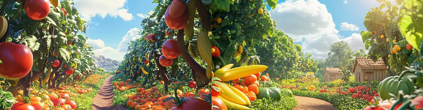 创意3D立体卡通新鲜蔬菜水果香蕉西红柿胡萝卜自然场景海报midjourney关键词咒语