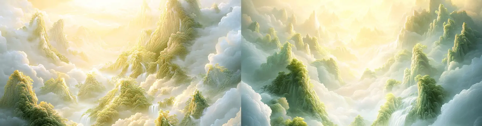 绿色自然森林树木云海瀑布场景鸟瞰图摄影海报midjourney关键词咒语