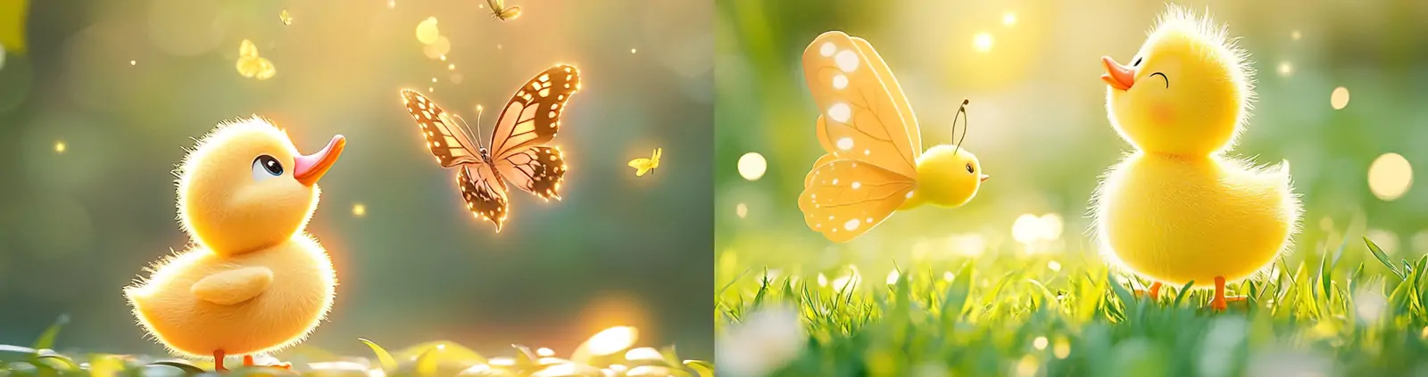 可爱卡通动物小黄鸭蝴蝶皮克斯风格梦幻光影摄影海报midjourney关键词咒语