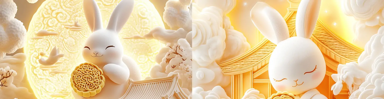 中国风3D立体可爱卡通兔子月饼月亮建筑中秋节插图海报midjourney关键词咒语