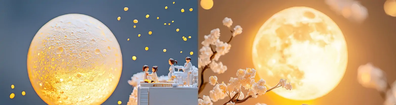 中国风立体中秋节城市建筑屋顶月亮合家团聚场景粘土世界模型midjourney关键词咒语