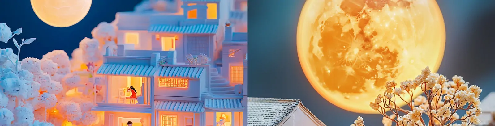 中国风立体中秋节城市建筑屋顶月亮合家团聚场景粘土世界模型midjourney关键词咒语