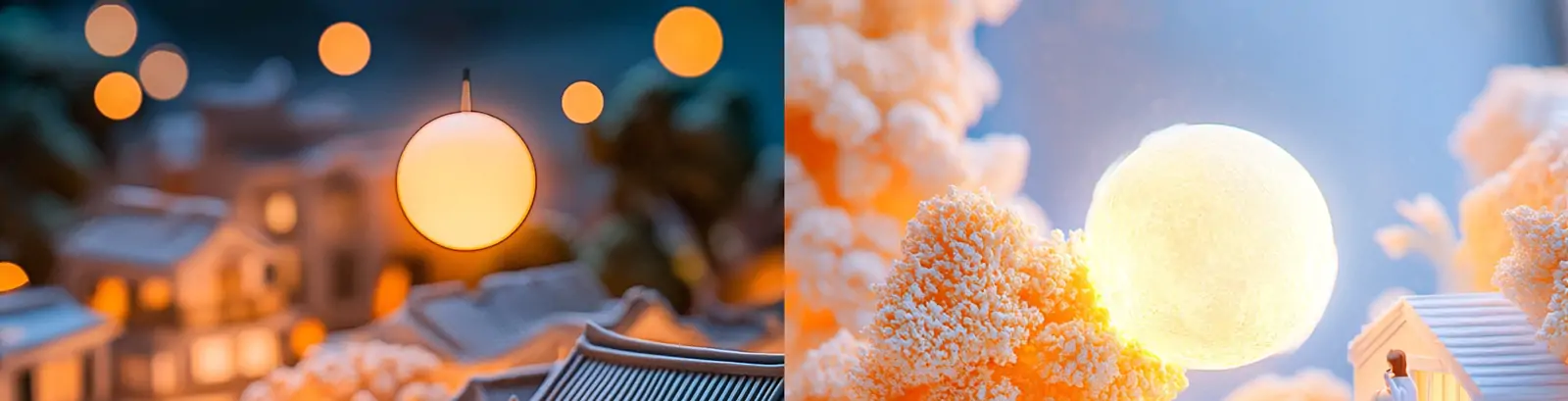 中国风立体中秋节城市建筑月亮合家团聚光影场景粘土世界模型midjourney关键词咒语