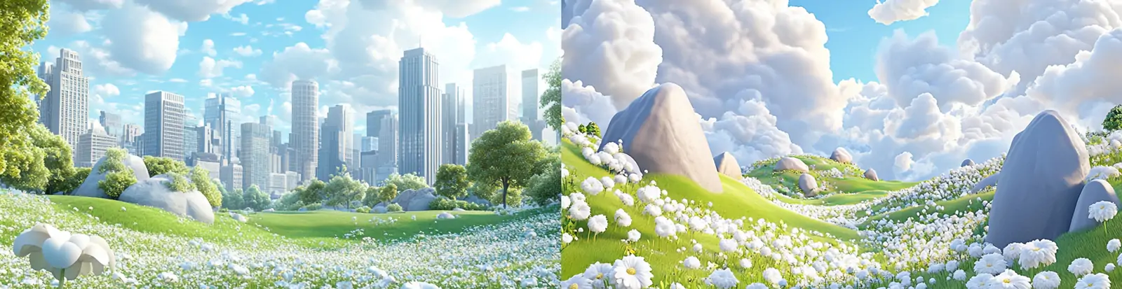 3D立体卡通蓝天白云鲜花植物草地城市建筑游戏场景插图海报midjourney关键词咒语